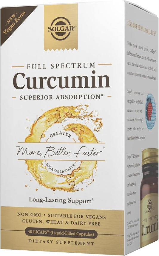 SOLGAR Full Spectrum Curcumin - 30 LiCaps - Superior Absorption - Brain, Joint & Immune Health - Vegan, Gluten Free, Non-GMO, Dairy Free - 30 Servings