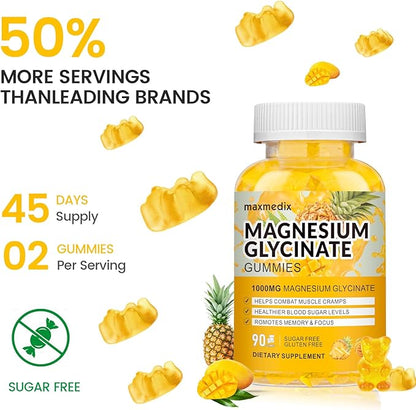 Magnesium Gummies 1000mg -Magnesium Glycinate Supplement and Magnesium L-Threonate Gummy,Sugar Free Magnesium Potassium Supplement for Calm Mood, Muscle, Bone & Sleep Support 90 MangoPineapple Gummies