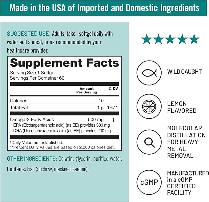 NatureWise Omega 3 Fish Oil - 500 mg per Pill - EPA & DHA - Immune Support, Brain & Heart Health, Optimal Wellness - Gluten and Soy Free, Non-GMO - 60 Softgels[2-Month Supply]