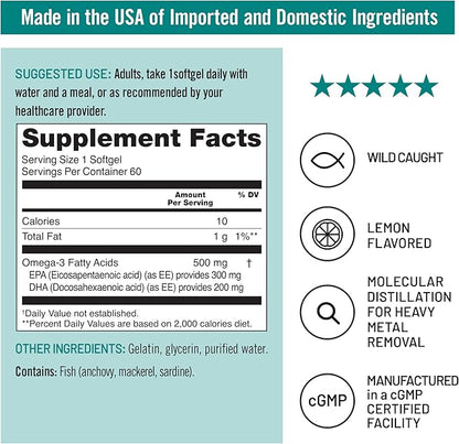 NatureWise Omega 3 Fish Oil - 500 mg per Pill - EPA & DHA - Immune Support, Brain & Heart Health, Optimal Wellness - Gluten and Soy Free, Non-GMO - 60 Softgels[2-Month Supply]