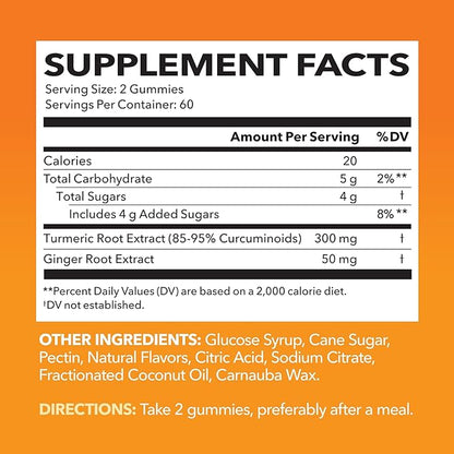 Turmeric Gummies with Ginger and 95% Curcuminoids - Digestive Health and Immune Support Supplement for Overall Wellness - 120 Count - Vegan, Non-GMO Curcumin Vitamin - Peach Flavor, 2 Month Supply