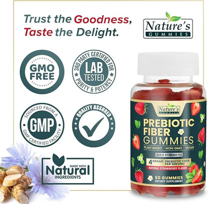 Fiber Supplement Gummies for Digestive Health & Regularity Support, Fiber 4g Gummy for Adults, Daily Prebiotic Supplements, Natural Prebiotic Fiber Gummy, Plant Based, Strawberry Flavored - 60 Gummies
