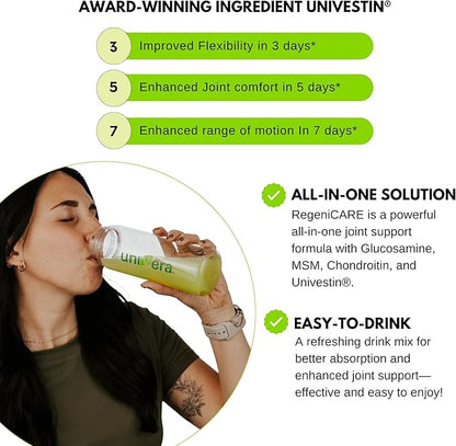 Univera RegeniCARE Gift Set with Bottle and Frother – Joint Support with Glucosamine, Univestin, MSM, Chondroitin – 30 Servings, Green Apple