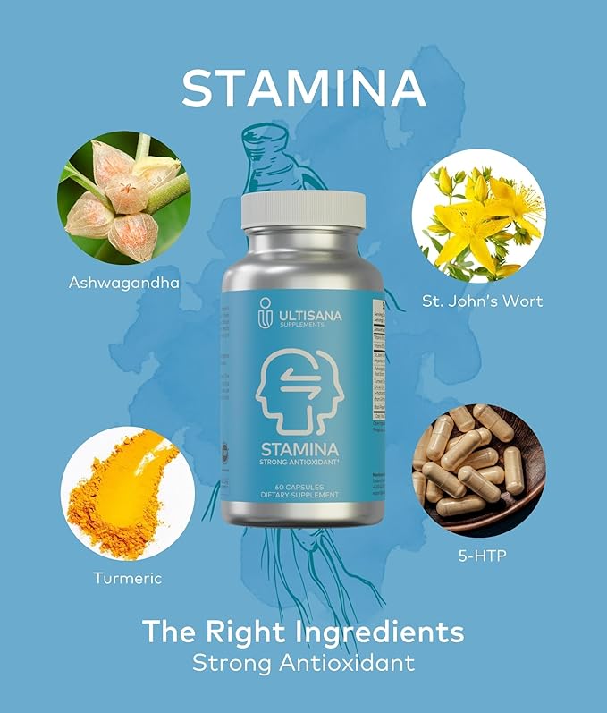 Stamina Antioxidant & Stress Relief Supplement | for Enhanced Mood, Boost Energy, Immune & Sleep Support | Vitamin B12 & B6, Ashwagandha, Turmeric, 5-HTP & More | Non-GMO, 60 Capsules