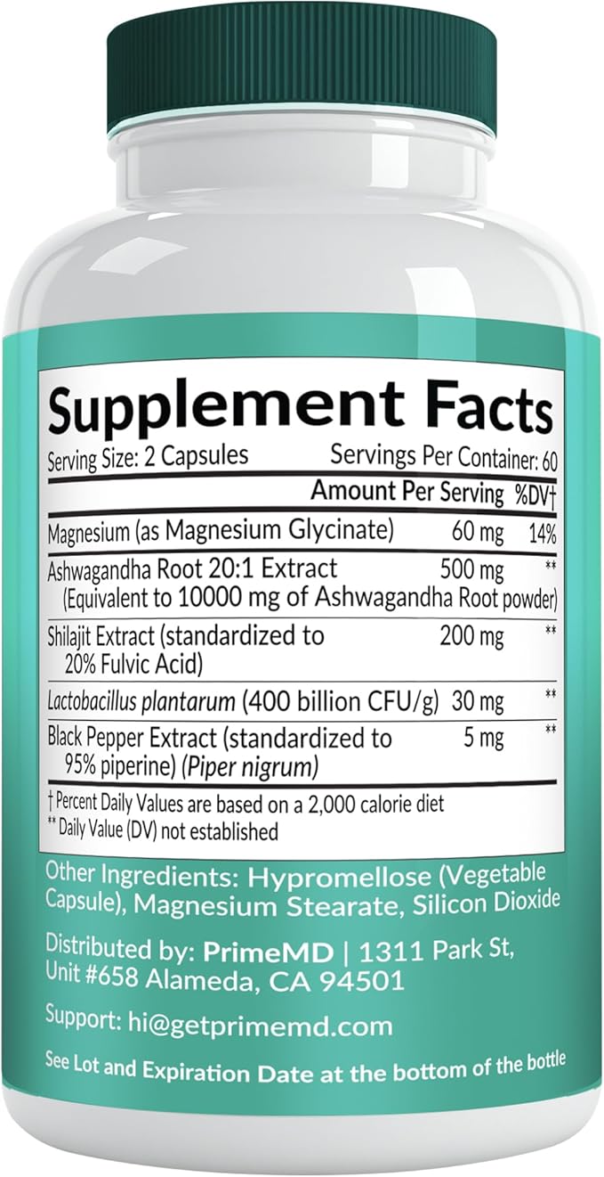 5-in-1 Cortisol Supplement with Ashwagandha for Mood, Stress, Relaxation, Adrenal and Cortisol Support - Herbal Supplements with Shilajit Extract, Magnesium Glycinate, Probiotics (120 ct, Pack of 1)
