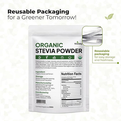 Viccoky Organic Stevia Powder 3oz (86g), Pure Stevia Extract Powder, Sugar-Free & 0 Calories, No Additives, Sugar Substitute, Natural Sweetener