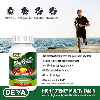 DEVA Tuba Prime Vegan Multivitamin High-Potency Vitamin and Mineral Dietary Supplement Antioxidants, Fruit and Vegetable Blend, Super Mushrooms, Probiotics, Prebiotics, Seeds, Herbs - 90 Tabs, 2-Pack