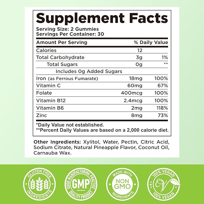 Iron Gummies for Adults & Kids - Iron Supplement with Vitamin B6, B12, C, Zinc, Folate for Women & Men - Support Iron Deficiency, Anemia, Energy Boost, Blood Builder - Sugar Free Vegan 60ct Pineapple