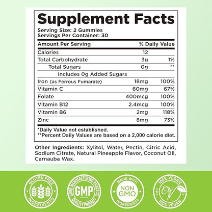 Iron Gummies for Adults & Kids - Iron Supplement with Vitamin B6, B12, C, Zinc, Folate for Women & Men - Support Iron Deficiency, Anemia, Energy Boost, Blood Builder - Sugar Free Vegan 60ct Pineapple
