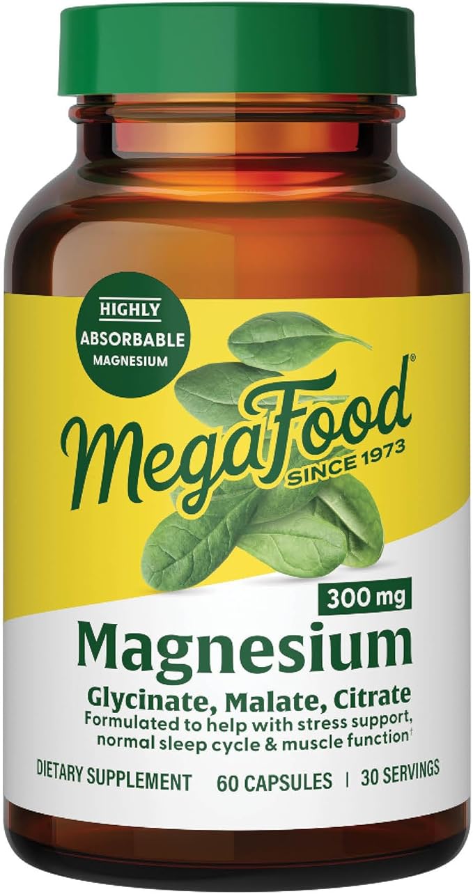 MegaFood Magnesium 300 mg - Highly Absorbable Blend of Magnesium Glycinate, Citrate & Malate to Help Support Heart, Nerve Health & Relaxation - 60 Capsules (30 Servings)