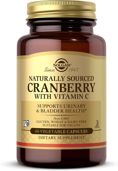 SOLGAR Cranberry with Vitamin C - 60 Vegetable Capsules - Supports Urinary & Bladder Health - Non-GMO, Vegan, Kosher, Gluten Free - 60 Servings