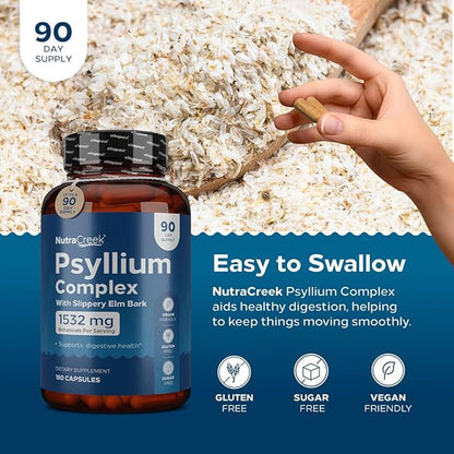Psyllium Complex | 11-Ingredient Psyllium Husk Capsules with Psyllium Powder, Slippery Elm & Ginger to Cleanse & Support Digestive System Health | 180 Capsules