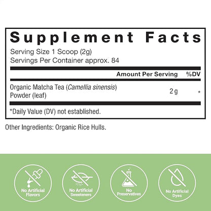 FORCE FACTOR Organic Matcha Green Tea Powder for Energy, Focus, and Daily Wellness, Culinary Grade, USDA-Certified Organic, Rich and Delicious Flavor 169g, 84 Servings