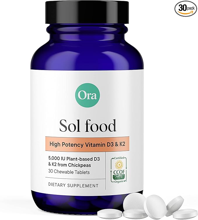 Ora Organic Vitamin D3 5000IU + K2 - Vegan Vitamin D from Lichen and K2 from Chickpeas for Bone Health, Immune Support, & Mood, Maximum Absorption - 1 Month Supply, 30 Chewable Tablets