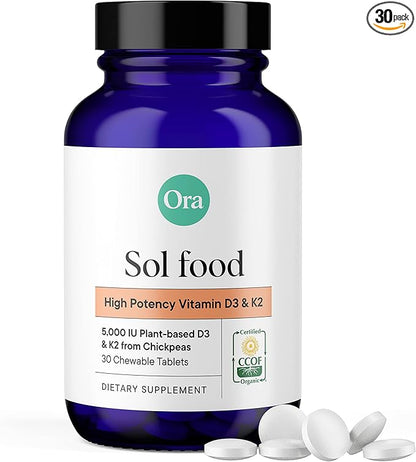 Ora Organic Vitamin D3 5000IU + K2 - Vegan Vitamin D from Lichen and K2 from Chickpeas for Bone Health, Immune Support, & Mood, Maximum Absorption - 1 Month Supply, 30 Chewable Tablets