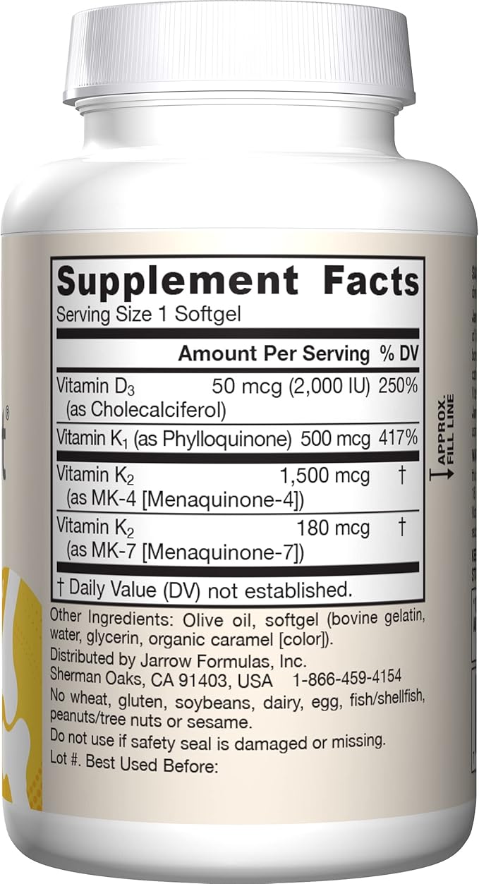 Jarrow Formulas K-Right - Vitamin K-Complex (K1, MK-4, MK-7, D3) - 60 Servings (Softgels) - Dietary Supplement for Bone & Cardiovascular Health Support - Vitamin K2 MK-7 - Gluten Free, Pack of 12
