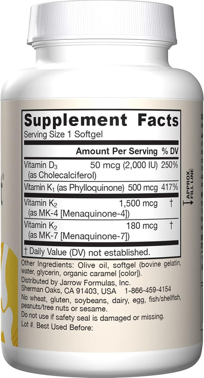 Jarrow Formulas K-Right - Vitamin K-Complex (K1, MK-4, MK-7, D3) - 60 Servings (Softgels) - Dietary Supplement for Bone & Cardiovascular Health Support - Vitamin K2 MK-7 - Gluten Free, Pack of 12