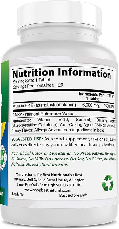 Best Naturals Vitamin B12 6000 mcg 120 Tablets