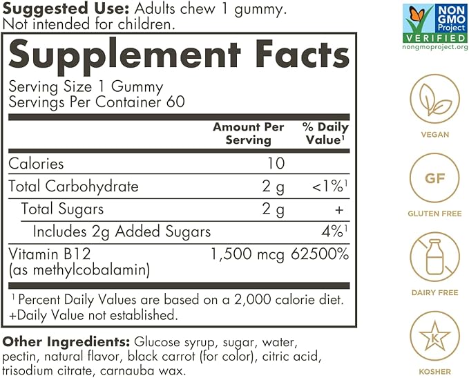 Solgar Methyl B12 Gummies for Adults 1,500mcg Ultra Potency Vitamin for Energy & Metabolism Support, Raspberry Flavor, Vegan & Gluten-Free Gummy for Women & Men, 2 Month Supply, 60 Servings, 2g Sugar