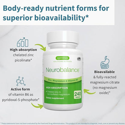 Igennus Neurobalance, High Absorption Zinc Magnesium Vitamin B6 Supplement, Non-GMO, Brain, Immune, Sleep & Muscle Recovery, Chelated Zinc Picolinate 24mg, Oxide-Free Magnesium, Vegan, 240 Tablets