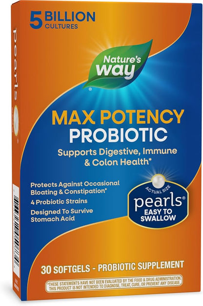 Nature's Way Max Potency Probiotic Pearls for Men and Women, Supports Digestive, Immune, Colon Health*, 5 Billion Live Cultures, No Refrigeration Required, 30 Softgels