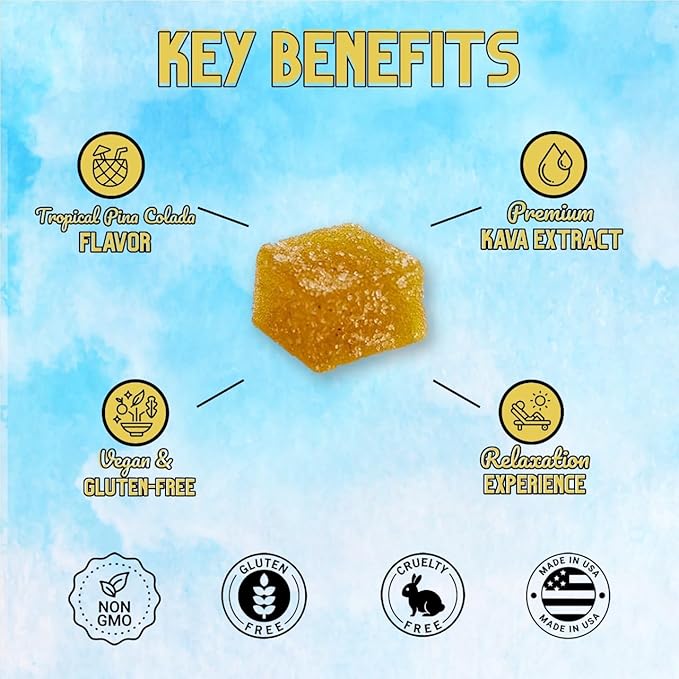 Tropical Pina Colada Kava Gummies - 250mg per Gummy - Vegan, Gluten-Free - 30 Gummies