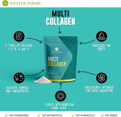 Antler Farms - Multi Collagen Protein Powder - 5 Types (I, II, III, V, and X) 100% Pure Hydrolyzed Collagen Peptides for Men and Women - Bioavailable, Rapid Absorption - Unflavored - 1 lb