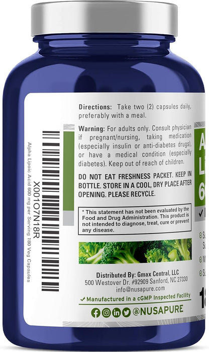 NusaPure Alpha Lipoic Acid 600 mg per Serving 180 Veggie Capsules (Vegetarian, Non-GMO, Vegan)