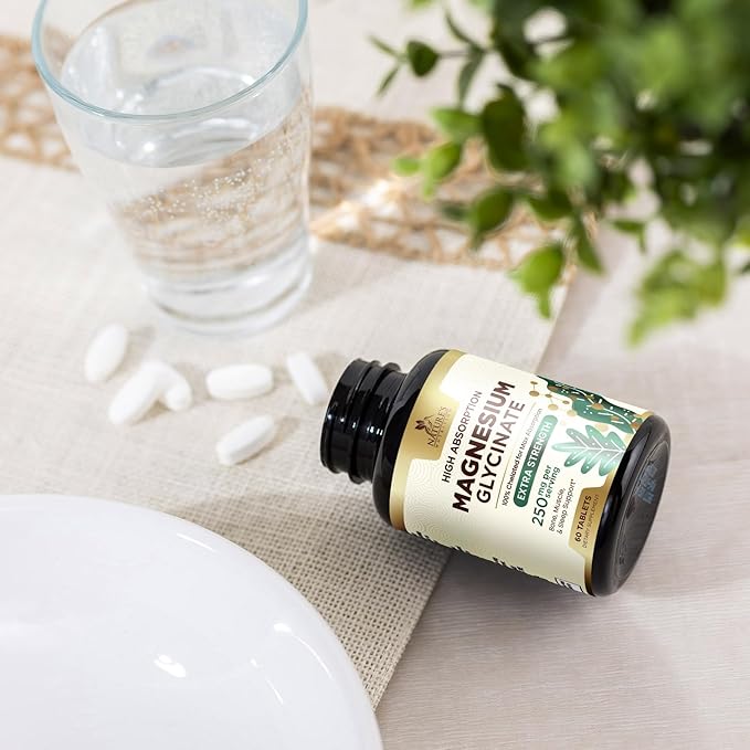 Magnesium Glycinate 250 mg, 100% Chelated Magnesium Supplement - High Absorption Magnesium for Muscle, Heart, Bone and Nerve Health Support, Nature's Gluten Free, Vegan, Non-GMO Capsules - 60 Count