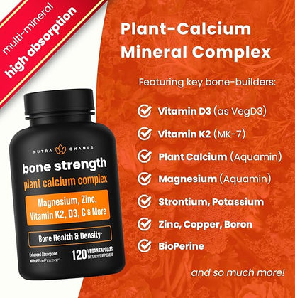 NutraChamps Bone Strength Supplements, Plant Based Calcium Supplement 600mg, Vitamin D3 2000 IU, K2, Magnesium, Potassium, Zinc, Boron & Strontium, 120 Vegan Capsules