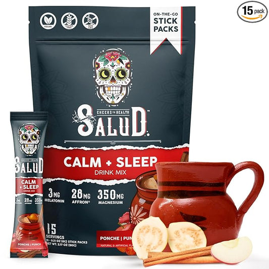 Salud 2-in-1 Sleep Aid + Calm Drink Mix, Punch Ponche Flavor, Melatonin, Magnesium, Saffron Extract, L-Theanine, Non-GMO, Gluten Free, Vegan, Low Calorie, 1g of Sugar (15 Servings)