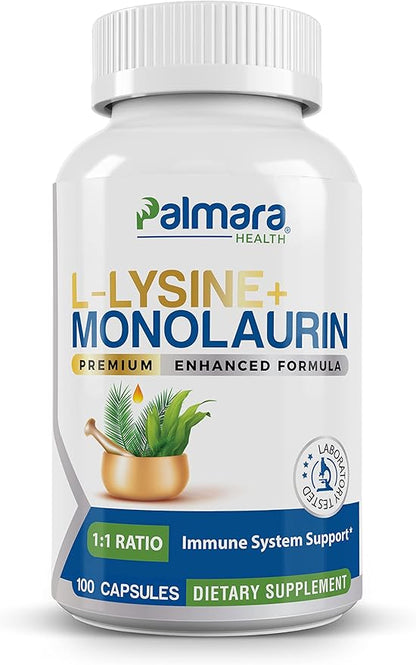 L-Lysine + Monolaurin 600mg 1:1 Ratio, 1 Pack, 100 Capsules
