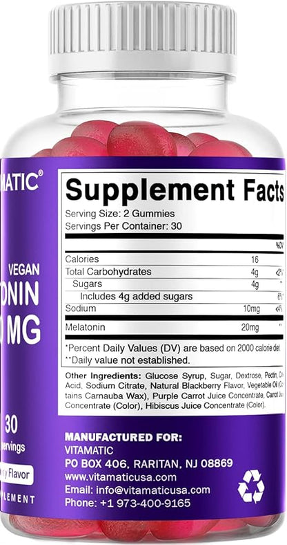 Vitamatic Melatonin 20mg Gummies for Adults, 30 Servings - 60 Count - Non-Habit Forming Supplement