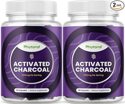 Phytoral Activated Charcoal Pills Detox & Cleanse - Purifying Coconut Capsules with 1200 mg Per Serving for Bloating Relief - Active Detoxification Supplement for Body & Gut Health - 90 Count x2 Pack
