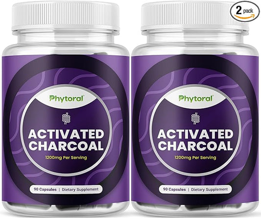 Phytoral Activated Charcoal Pills Detox & Cleanse - Purifying Coconut Capsules with 1200 mg Per Serving for Bloating Relief - Active Detoxification Supplement for Body & Gut Health - 90 Count x2 Pack