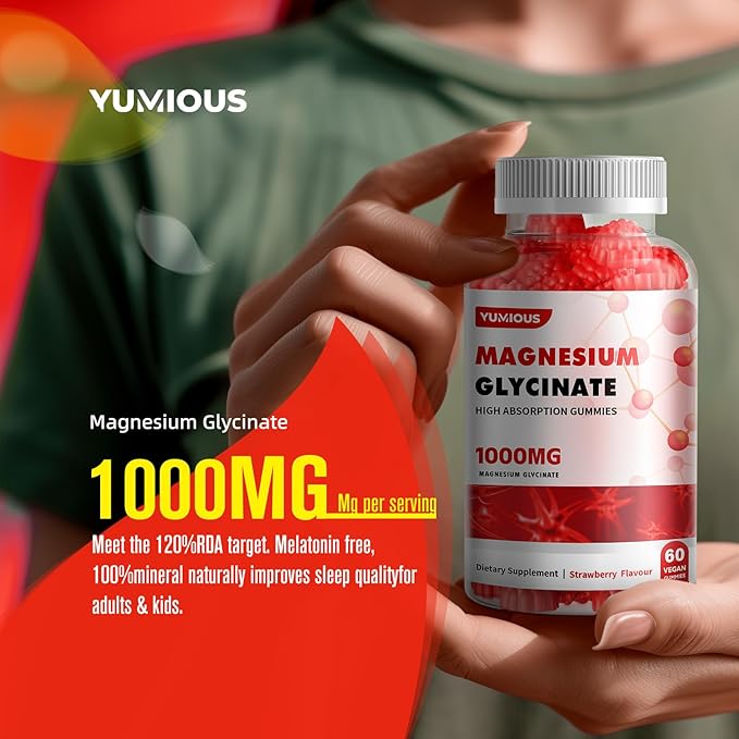 Magnesium Glycinate Gummies 1000mg - for Adults Magnesium Potassium Supplement with Vitamin D, B6, CoQ10 for Calm Mood & Sleep Support - 120 Strawberry Gummies -2 Pack