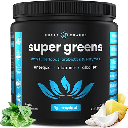 NutraChamps Super Greens Powder Premium Superfood | 20+ Organic Green Veggie Whole Foods | Wheat Grass, Spirulina, Chlorella | Antioxidant, Digestive Enzyme & Probiotic Blends (9.1 OZ, Tropical)