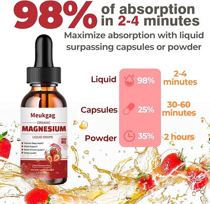 Magnesium Glycinate Liquid - 1000mg Liquid Magnesium Complex Supplement with Bromelain, D3, B6 & K2 - Magnesium Glycinate 500mg for Calm Mood/Muscle & Sleep, Strawberry Flavor, 2fl Oz
