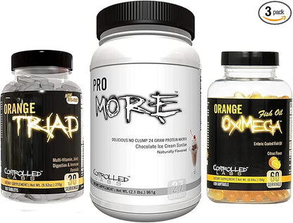 CONTROLLED LABS Bundle - Orange Triad (30 Serv), Orange Oximega Fish Oil (120 softgels), PROmore Protein (27 Serv) Chocolate Ice Cream Sundae