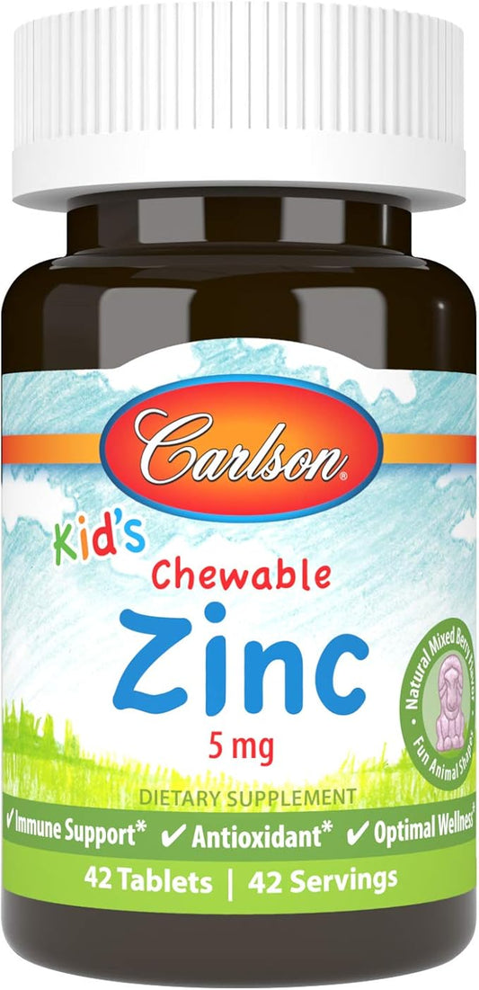 Carlson - Kid's Chewable Zinc, 5 mg, Immune Support, Antioxidant Power, Natural Mixed Berry Flavor, 42 Tablets