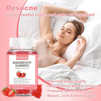 Magnesium Glycinate Gummies for Adults Kids with Vitamin B6, Strawberry Flavor Calm Magnesium Supplement, Magnesium Citrate for Sleep, 60 Gummies per Bottle