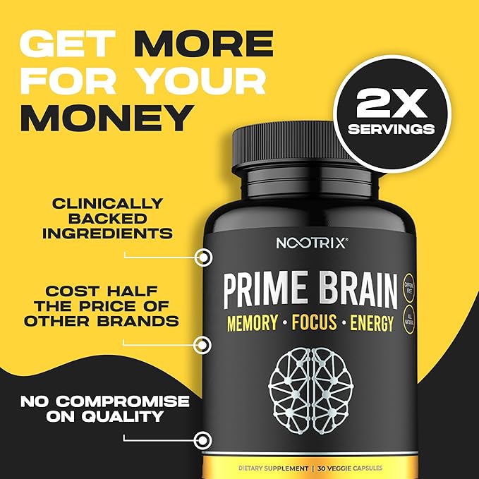 Prime Brain Nootropic Supplement | Supports Memory, Mental Focus, Cognitive Health & Energy | Promotes Healthy Mood & Brain Function | Ginkgo Biloba, Lion's Mane & L Theanine | 180 Capsules