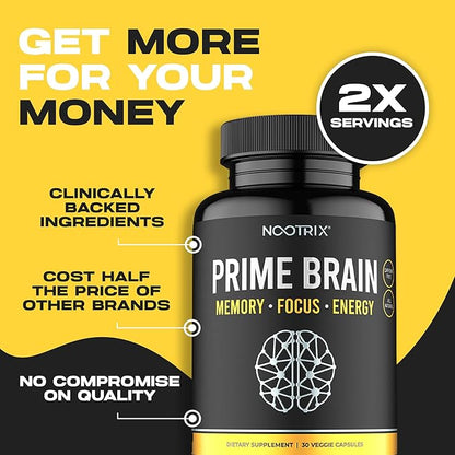 Prime Brain Nootropic Supplement | Supports Memory, Mental Focus, Cognitive Health & Energy | Promotes Healthy Mood & Brain Function | Ginkgo Biloba, Lion's Mane & L Theanine | 180 Capsules