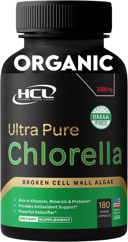 Chlorella Capsules Organic 3000 mg - Cracked Cell Wall Blue Green Algae Supplement - Best Natural Detox Cleanse - Plant Vitamins Minerals Chlorophyll Vegan Protein Powder Pills - Made in USA