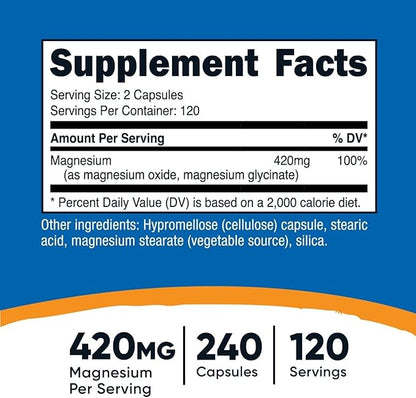 Nutricost Magnesium+ Extra Strength 420mg, 240 Capsules - 120 Servings. Magnesium Oxide and Glycinate - Non-GMO, Gluten Free, Vegan Friendly