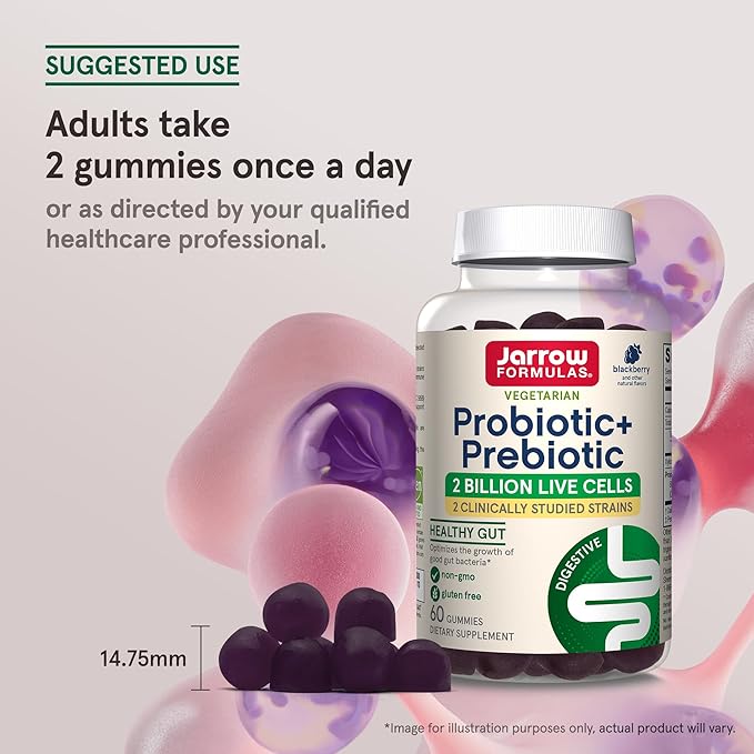 Jarrow Formulas Probiotic+ Prebiotic 2 Billion Live Cells Supplement, Digestive Health and Immune Support, 60 BlackBerry Flavor Probiotic+ Prebiotic Gummies, 30 Day Supply