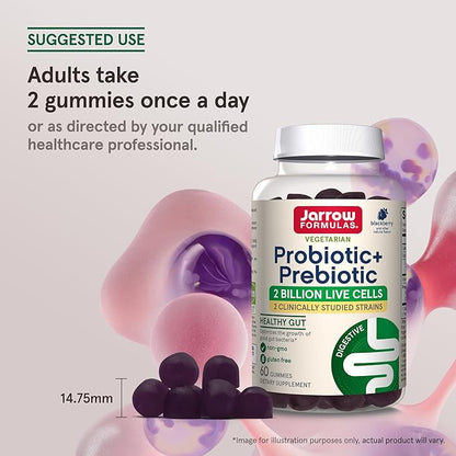 Jarrow Formulas Probiotic+ Prebiotic 2 Billion Live Cells Supplement, Digestive Health and Immune Support, 60 BlackBerry Flavor Probiotic+ Prebiotic Gummies, 30 Day Supply