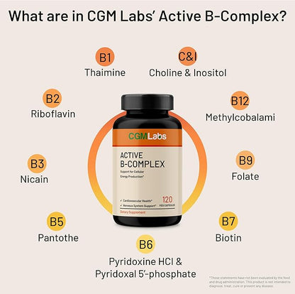 Vitamin B Complex - Active B1, B2, B3, B6, B12, Thiamine, Riboflavin, Niacin, Folate, Biotin, Pantothenic Acid, Inositol by CGM Labs