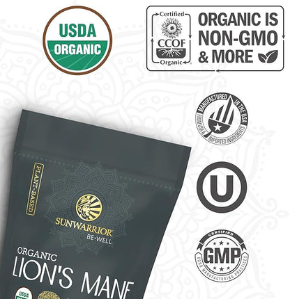 Sunwarrior Lions Mane Supplement Organic Mushroom Powder | Lion's Mane Powder Focus Supplement Mushroom Tea | 150g Pouch 60 Servings | Be Well