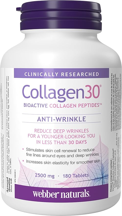 Webber Naturals Collagen30 Anti-Wrinkle, 2,500mg of Bioactive Collagen Peptides Per Serving, 180 Tablets, Helps Reduce Deep Wrinkles, Fine Lines & Stimulates Skin Cells, Non GMO, Dairy & Gluten Free